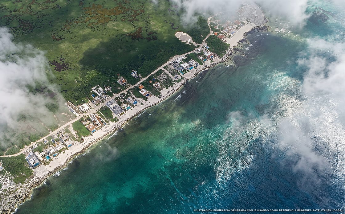 Illustrazione aerea della spiaggia Tulsayab, Tulum, Caraibi messicani