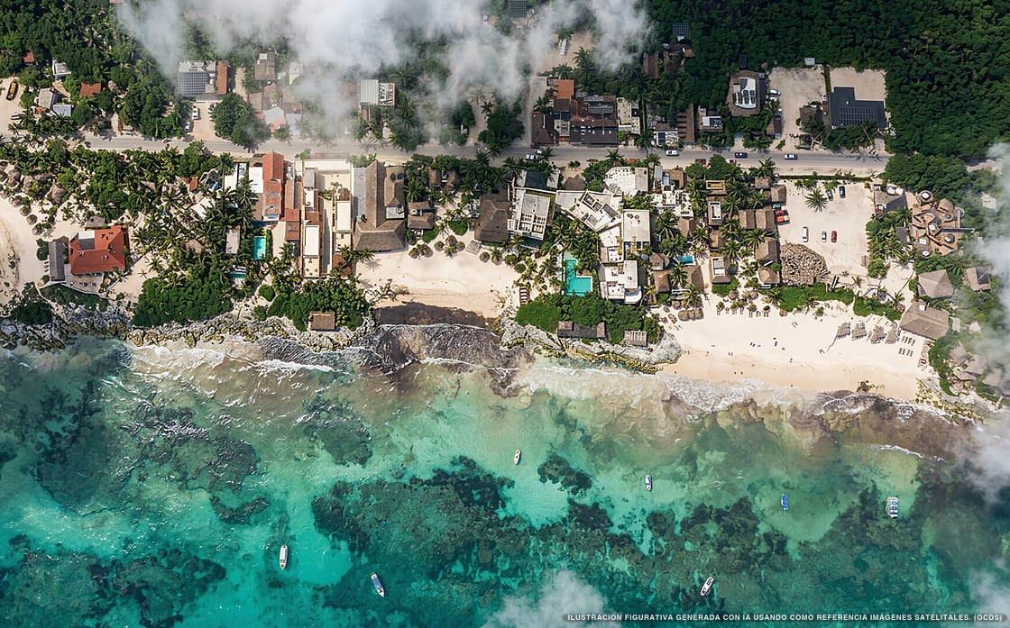 Illustration aérienne de la plage Venado Azul, Tulum, Caraïbes mexicaines