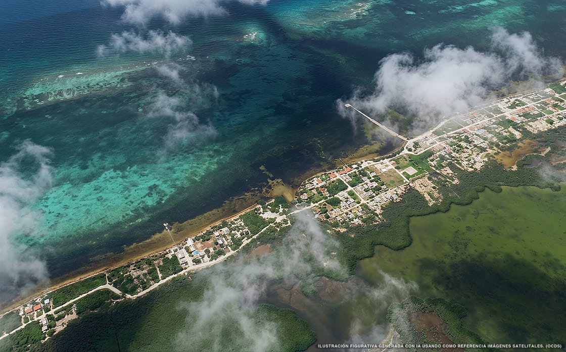 Illustration aérienne de la plage Xcalak, Xcalak, Caraïbes mexicaines