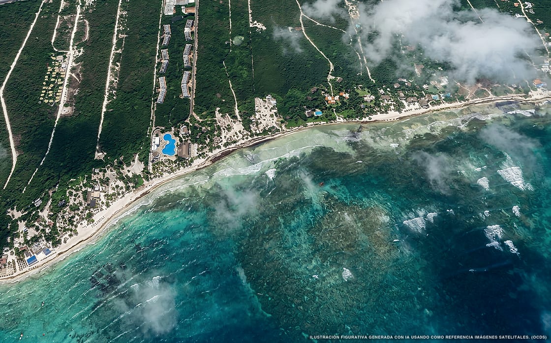 Illustration aérienne de la plage Xpu-Ha, Riviera Maya, Caraïbes mexicaines