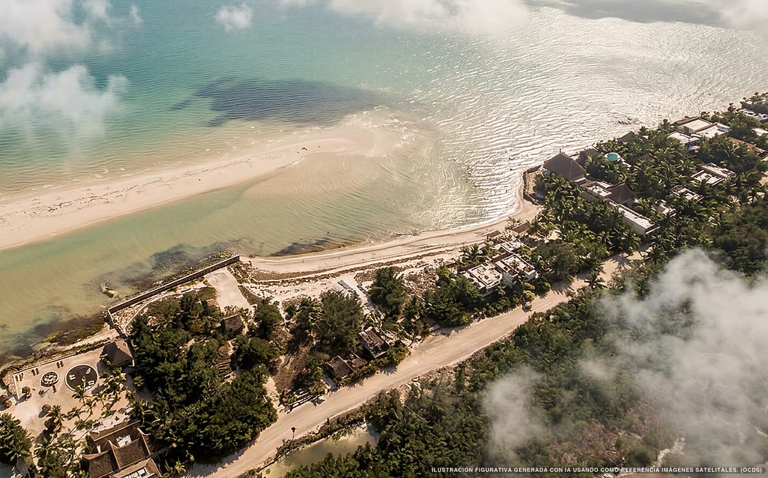 Illustrazione aerea della spiaggia Yum Balam, Holbox, Caraibi messicani