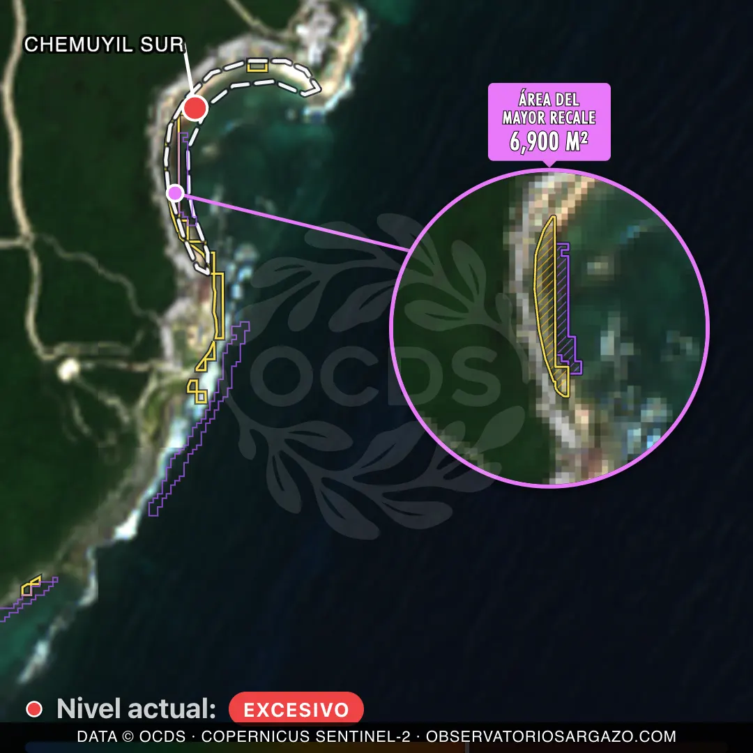 Image satellite des sargasses sur la plage Chemuyil Sur, Akumal — sargasses excessives, 12 octobre 2026