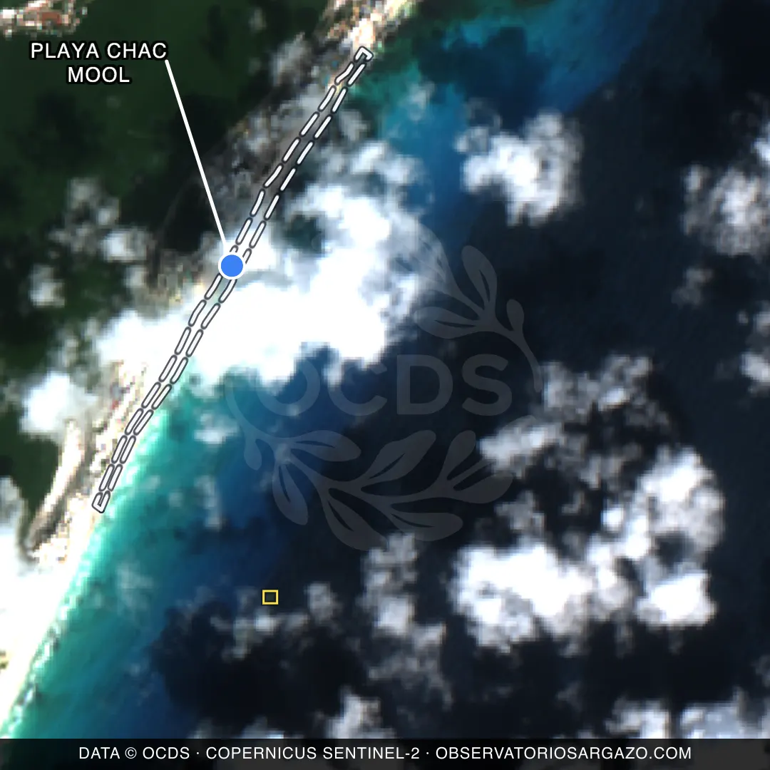 Immagine satellitare del sargasso sulla spiaggia Playa Chac Mool, Cancún — senza sargasso, 12 ottobre 2026