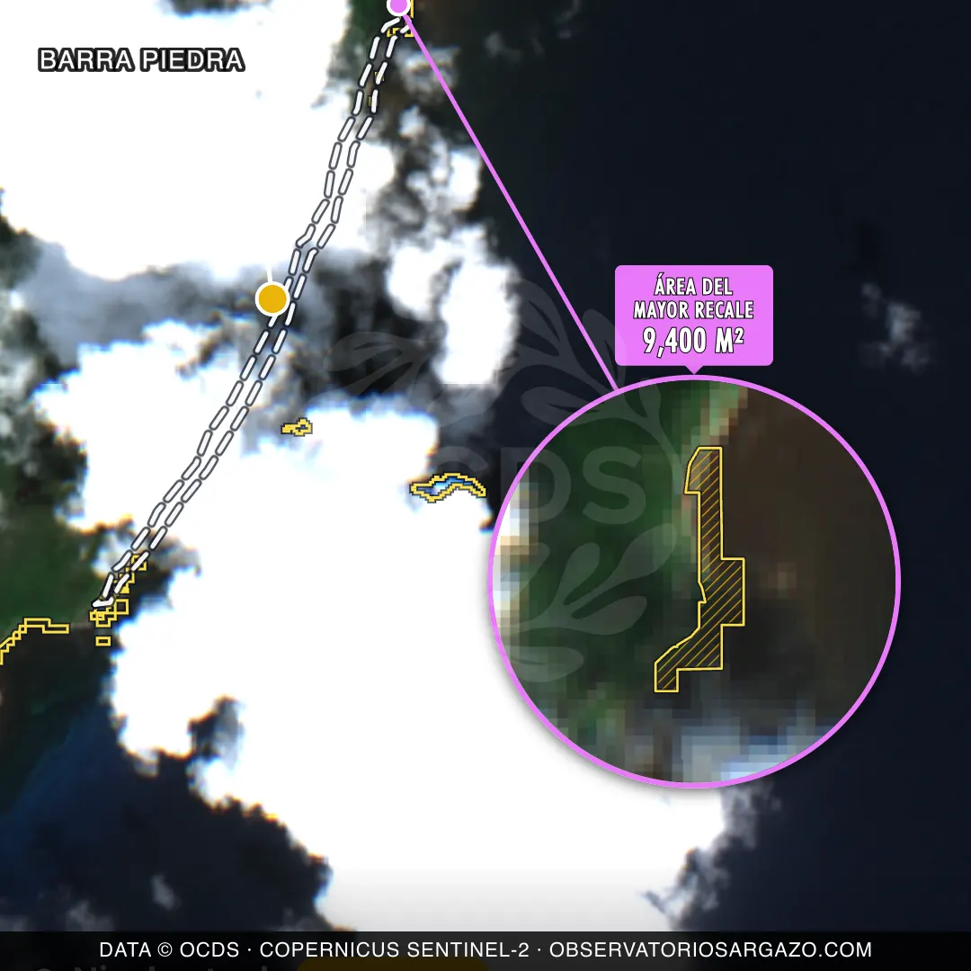 Image satellite des sargasses sur la plage Barra Piedra, Costa Maya — sargasses modérées, 12 octobre 2026