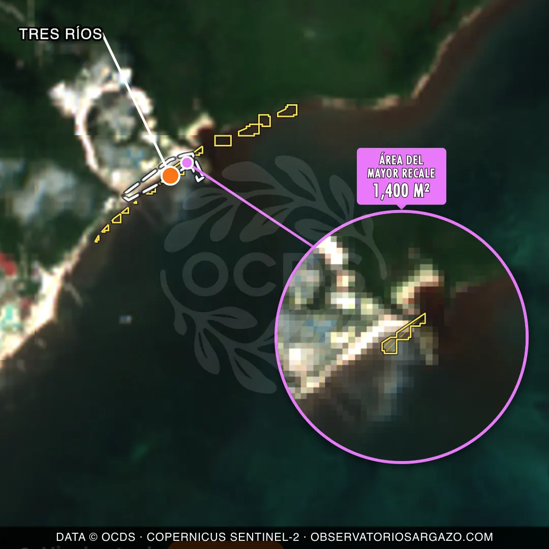 Immagine satellitare del sargasso sulla spiaggia Tres Ríos, Playa del Carmen — sargasso abbondante, 12 ottobre 2026