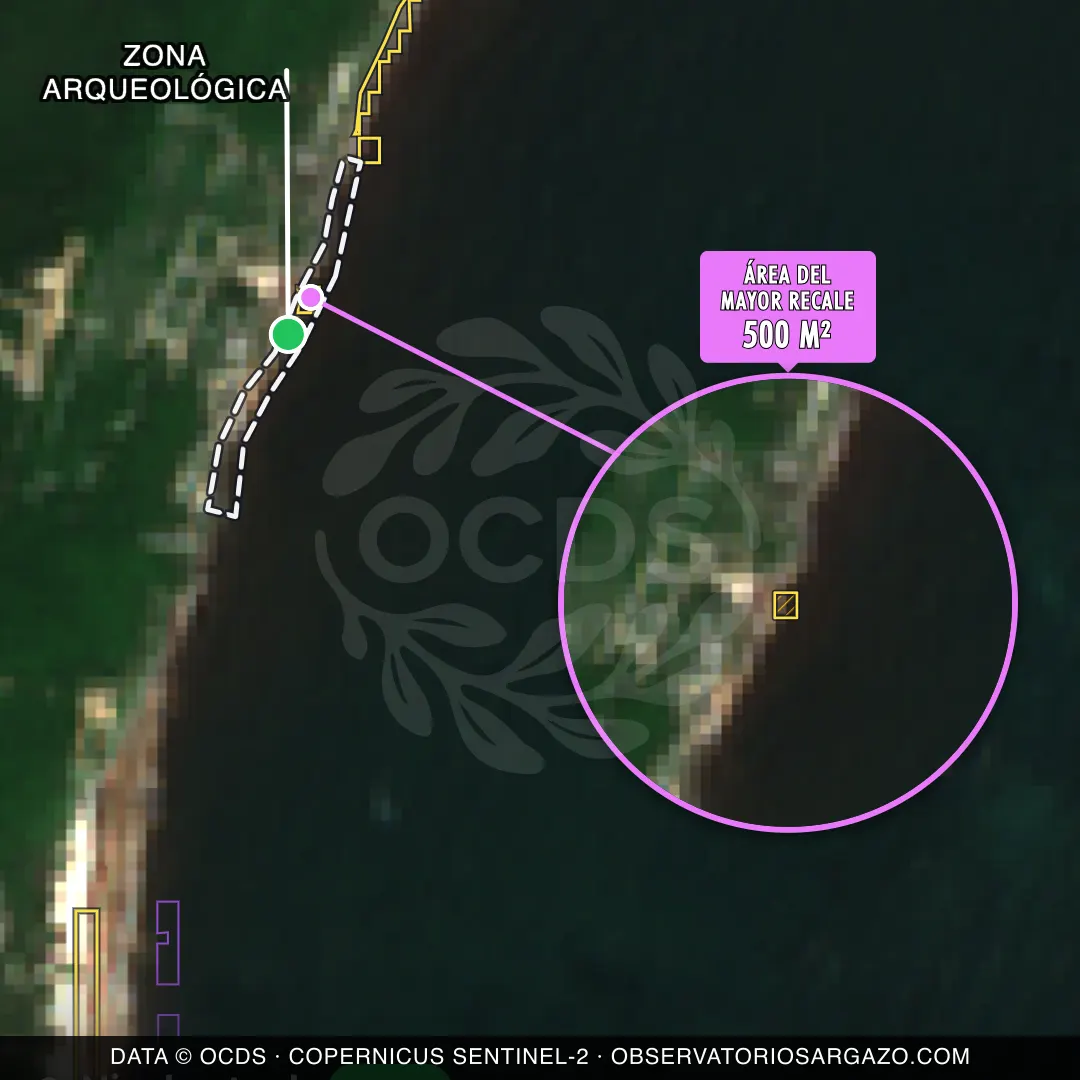 Immagine satellitare del sargasso sulla spiaggia Zona Arqueológica, Tulum — sargasso scarso, 12 ottobre 2026
