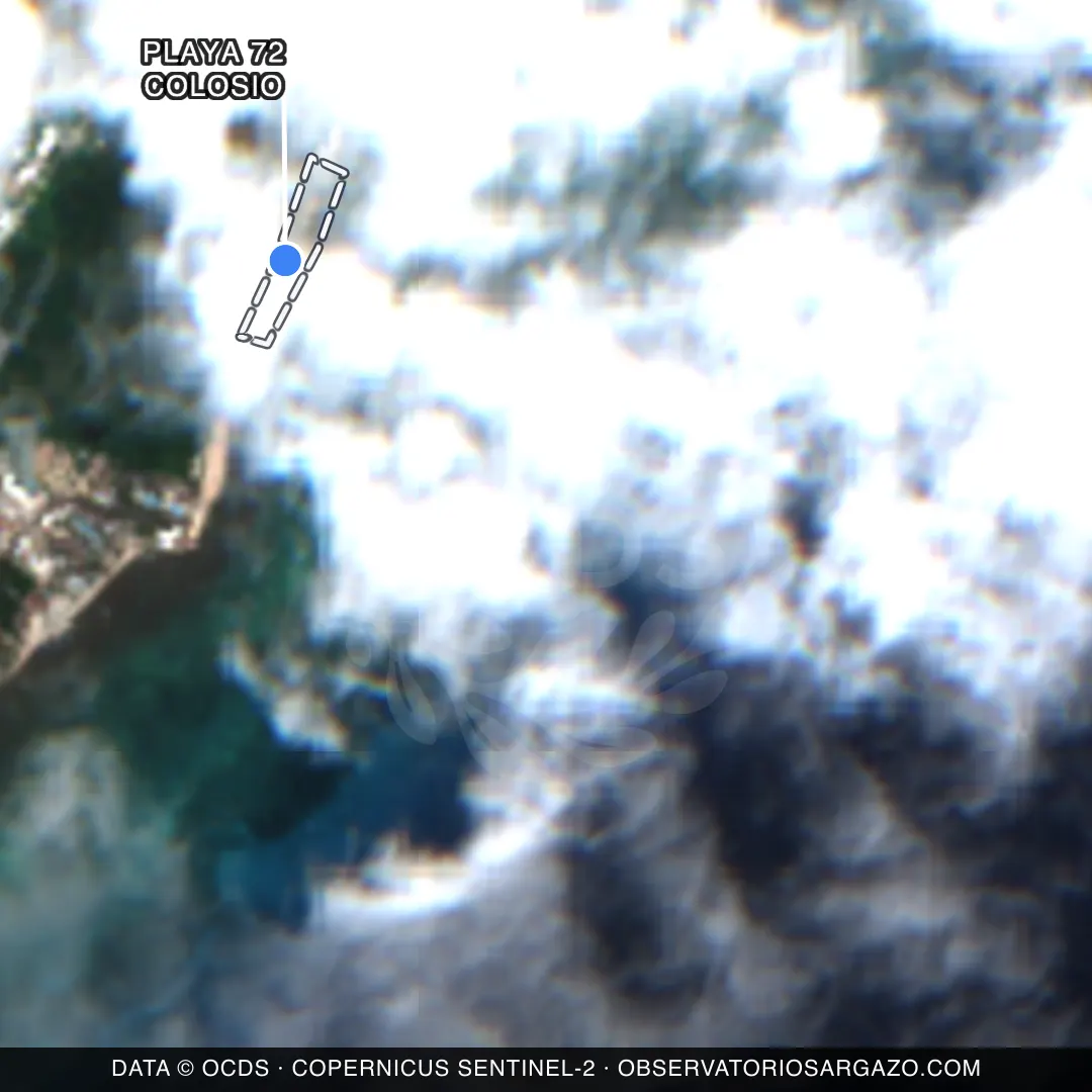 Imagem de satélite do sargaço na praia Playa 72 Colosio, Playa del Carmen — inobservável, 22 de outubro de 2026