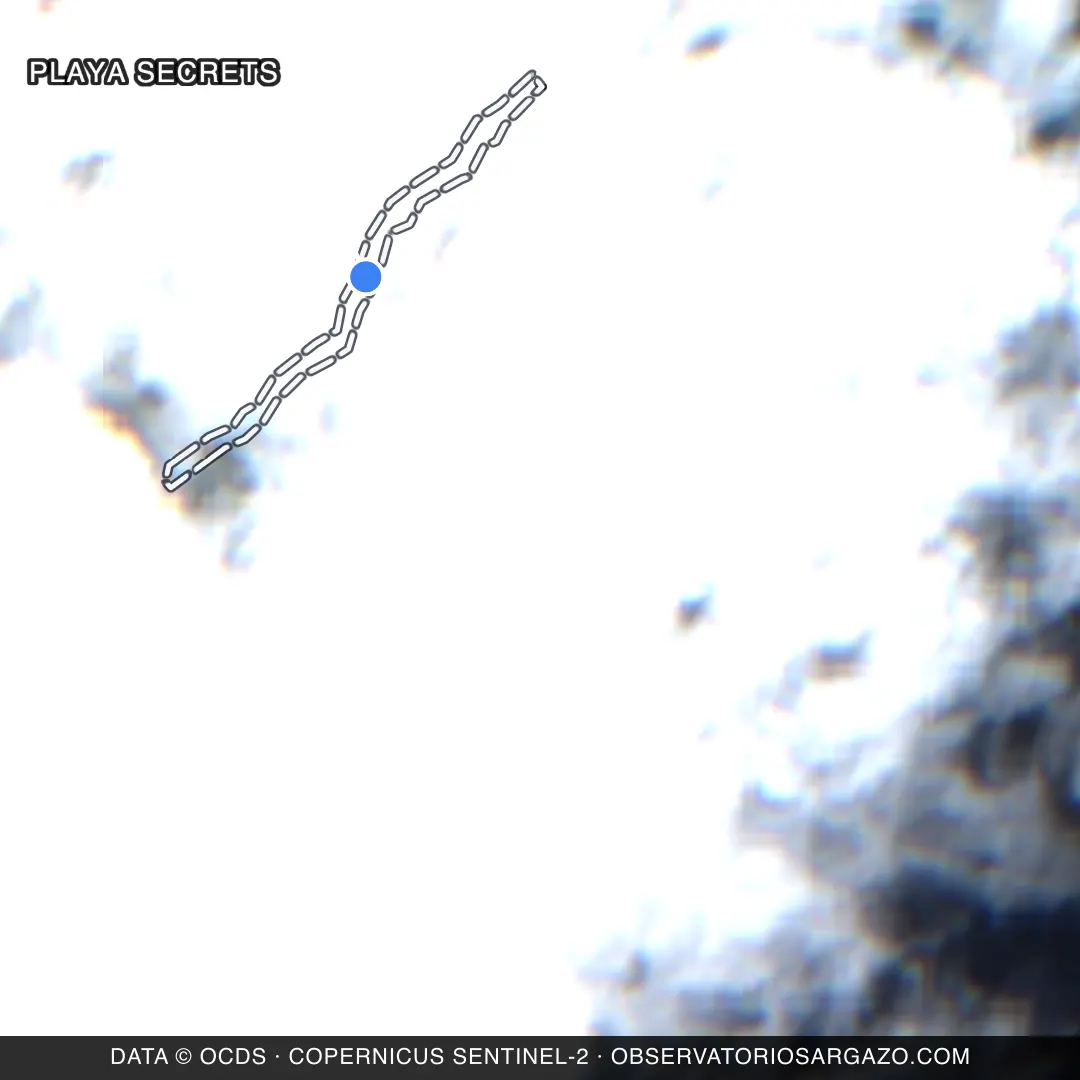 Satellite image of sargassum at Playa Secrets beach, Playa del Carmen — unobservable, October 22, 2026