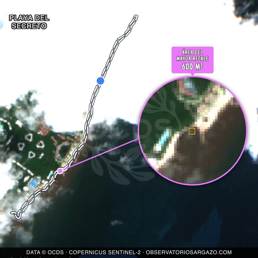 Satellite image of sargassum at Playa del Secreto beach, Puerto Morelos — clear, October 22, 2026