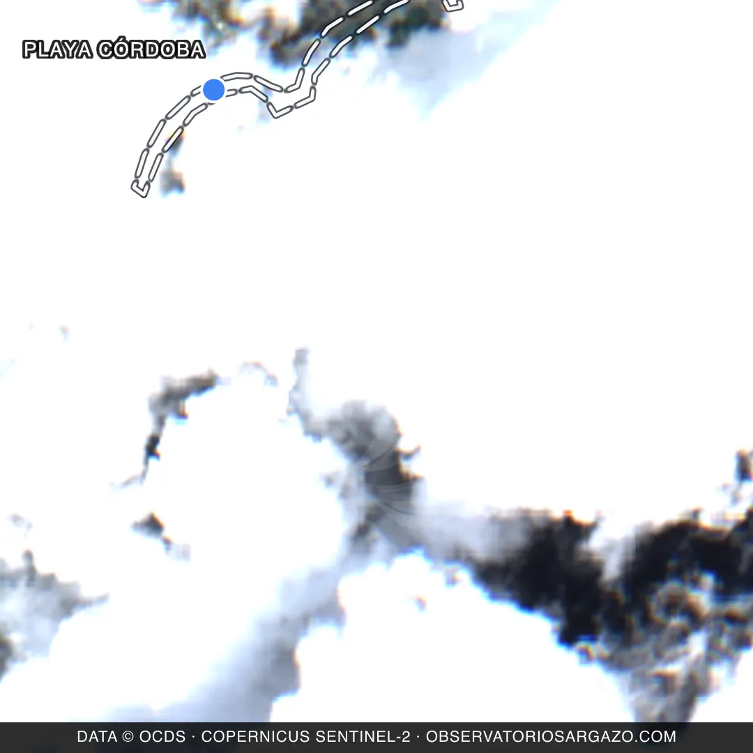 Imagem de satélite do sargaço na praia Playa Córdoba, Riviera Maya — inobservável, 22 de outubro de 2026