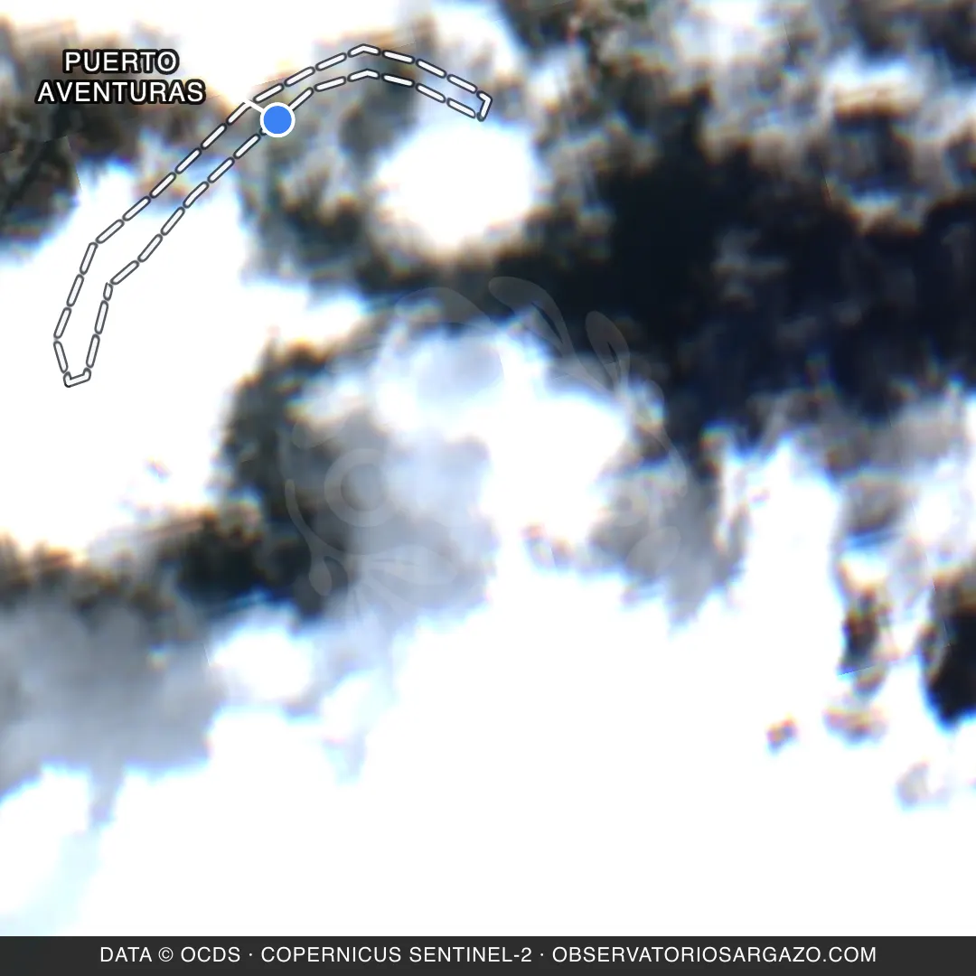 Satellite image of sargassum at Puerto Aventuras beach, Riviera Maya — unobservable, October 22, 2026