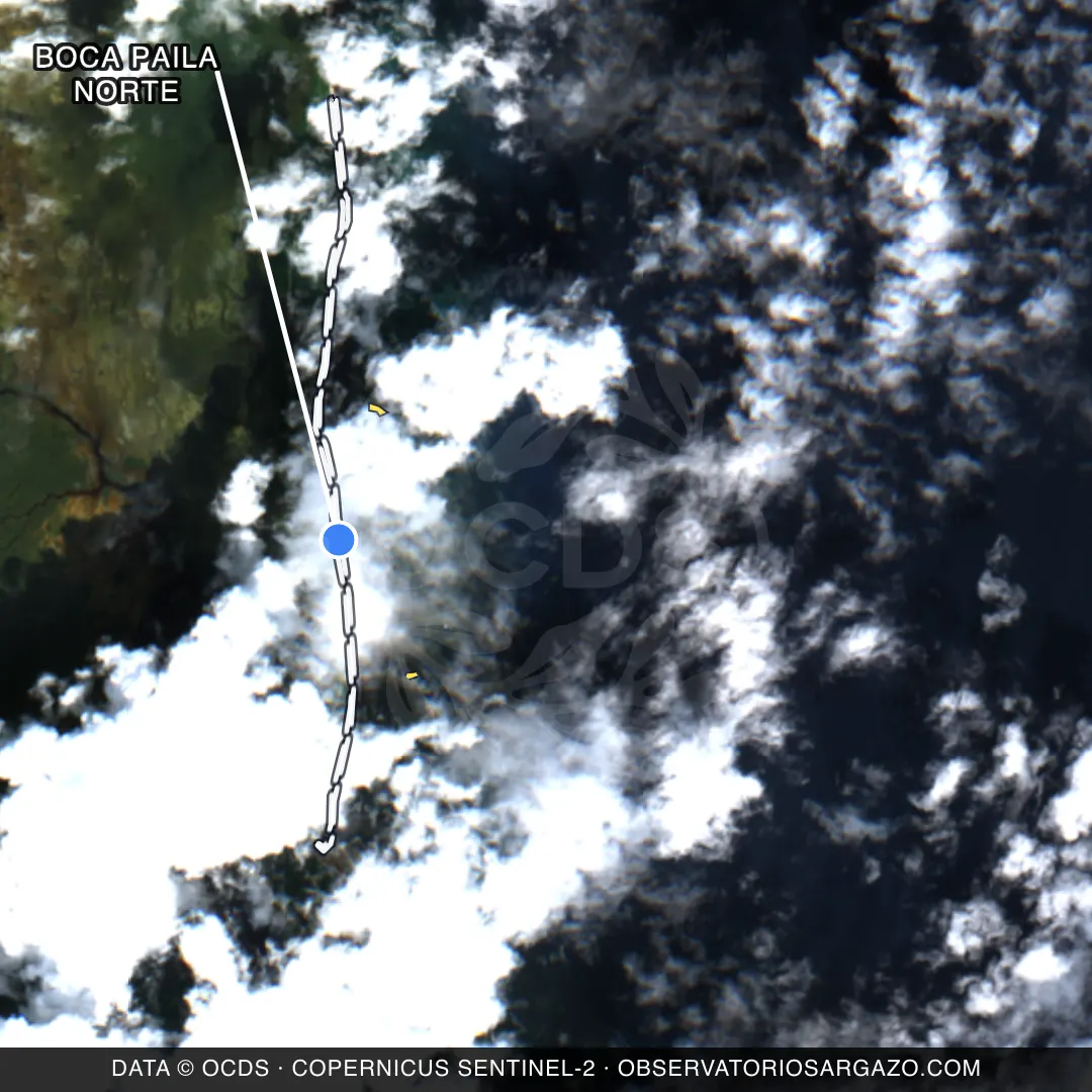Satellite image of sargassum at Boca Paila Norte beach, Sian Kaan — unobservable, October 22, 2026