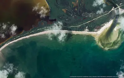 Illustrazione aerea della spiaggia Boca Paila Sur, Sian Kaan, Caraibi messicani