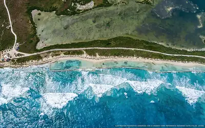 Ilustración aérea de la playa Eco Beach, Cozumel, Caribe Mexicano
