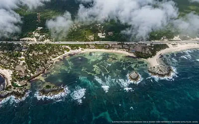 Illustration aérienne de la plage Mirador del Caribe, Tulum, Caraïbes mexicaines