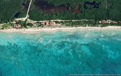Ilustración aérea de la playa Palancar, Cozumel, Caribe Mexicano