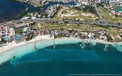 Illustrazione aerea della spiaggia Playa Ancha, Cancún, Caraibi messicani