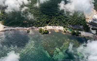 Illustrazione aerea della spiaggia Playa Bahía Azul, Playa del Carmen, Caraibi messicani