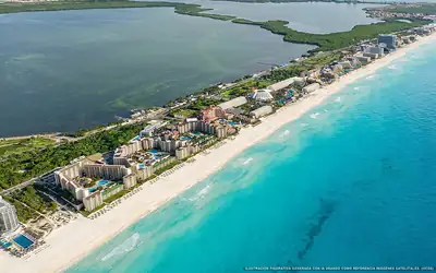Ilustración aérea de la playa Playa Ballenas, Cancún, Caribe Mexicano