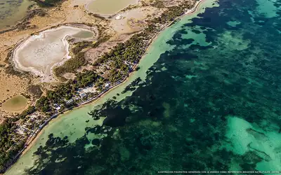 Ilustración aérea de la playa Playa Boca Iglesia, Costa Mujeres, Caribe Mexicano