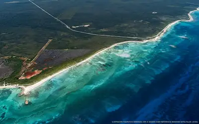 Ilustración aérea de la playa Playa Bosh, Cozumel, Caribe Mexicano