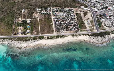 Illustrazione aerea della spiaggia Playa de la Guadalupana, Isla Mujeres, Caraibi messicani