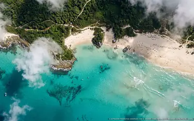 Illustrazione aerea della spiaggia Playa del Amor, Playa del Carmen, Caraibi messicani