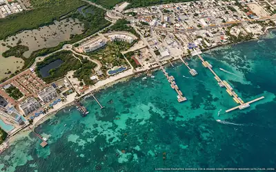 Illustrazione aerea della spiaggia Playa Del Niño, Cancún, Caraibi messicani