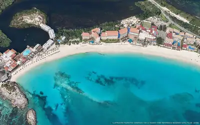 Illustrazione aerea della spiaggia Playa Delfin, Cancún, Caraibi messicani