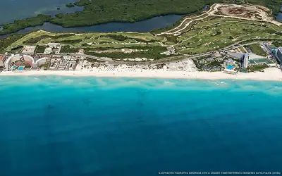 Ilustración aérea de la playa Playa Delfines, Cancún, Caribe Mexicano
