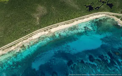 Ilustración aérea de la playa Playa el Mirador, Cozumel, Caribe Mexicano