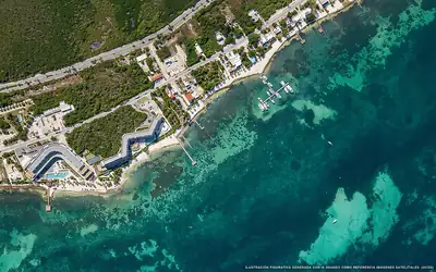 Ilustración aérea de la playa Playa el Palmar, Costa Mujeres, Caribe Mexicano