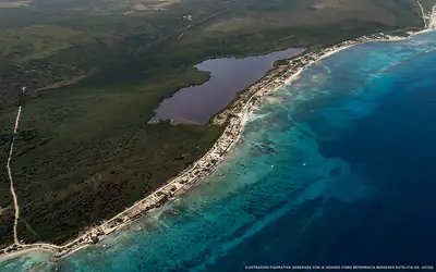 Illustrazione aerea della spiaggia Playa El Placer, Costa Maya, Caraibi messicani