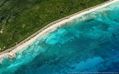 Ilustración aérea de la playa Playa Encantada, Cozumel, Caribe Mexicano