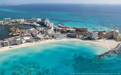 Ilustración aérea de la playa Playa Gaviota Azul, Cancún, Caribe Mexicano
