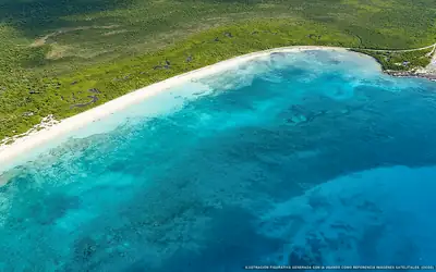 Ilustración aérea de la playa Playa La Bonita, Cozumel, Caribe Mexicano
