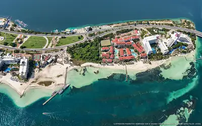 Illustrazione aerea della spiaggia Playa Langosta, Cancún, Caraibi messicani