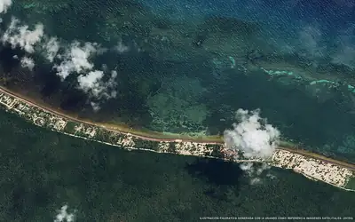 Ilustración aérea de la playa Playa Maya Chan, Mahahual, Caribe Mexicano