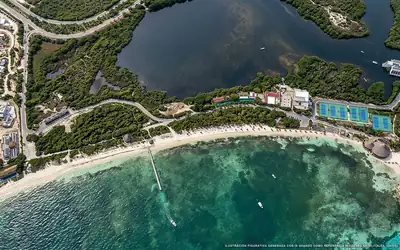 Illustrazione aerea della spiaggia Playa Med, Cancún, Caraibi messicani