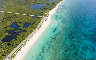 Ilustración aérea de la playa Playa Mezcalitos, Cozumel, Caribe Mexicano