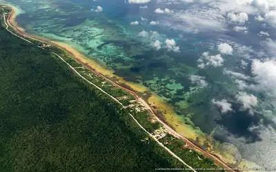 Ilustración aérea de la playa Playa Paytocal, Mahahual, Caribe Mexicano