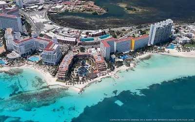 Illustrazione aerea della spiaggia Playa Riu Palace, Cancún, Caraibi messicani