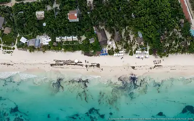 Illustrazione aerea della spiaggia Playa Roca, Tulum, Caraibi messicani