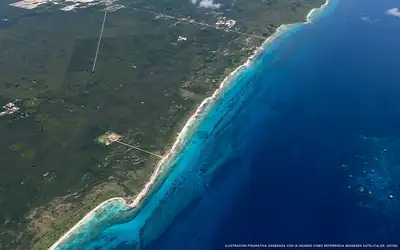 Ilustración aérea de la playa Playa San Martín, Cozumel, Caribe Mexicano
