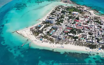 Illustrazione aerea della spiaggia Playa Sol, Isla Mujeres, Caraibi messicani