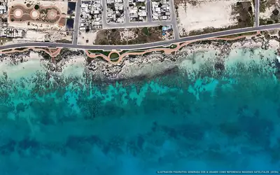 Illustrazione aerea della spiaggia Playa Tato, Isla Mujeres, Caraibi messicani