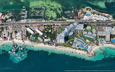 Illustrazione aerea della spiaggia Playa Tortugas, Cancún, Caraibi messicani