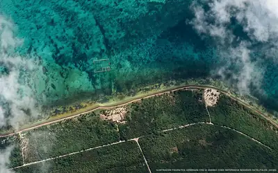 Illustrazione aerea della spiaggia Playa Uvero, Costa Maya, Caraibi messicani