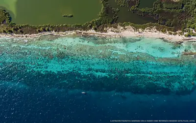 Illustration aérienne de la plage Playa Zamá, Isla Contoy, Caraïbes mexicaines
