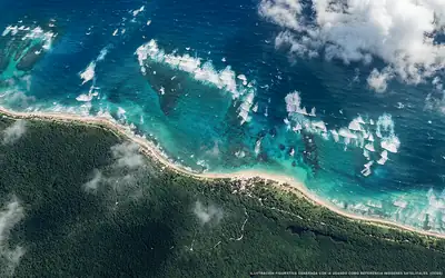 Illustrazione aerea della spiaggia Puerto Madero, Costa Maya, Caraibi messicani